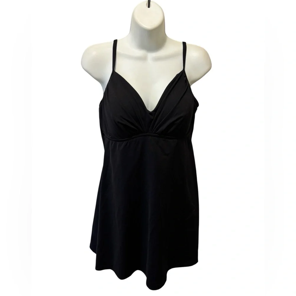 Lands End Black Swim Dress Sz 14 Light Padded Bra Ruched Bust Attached Panty